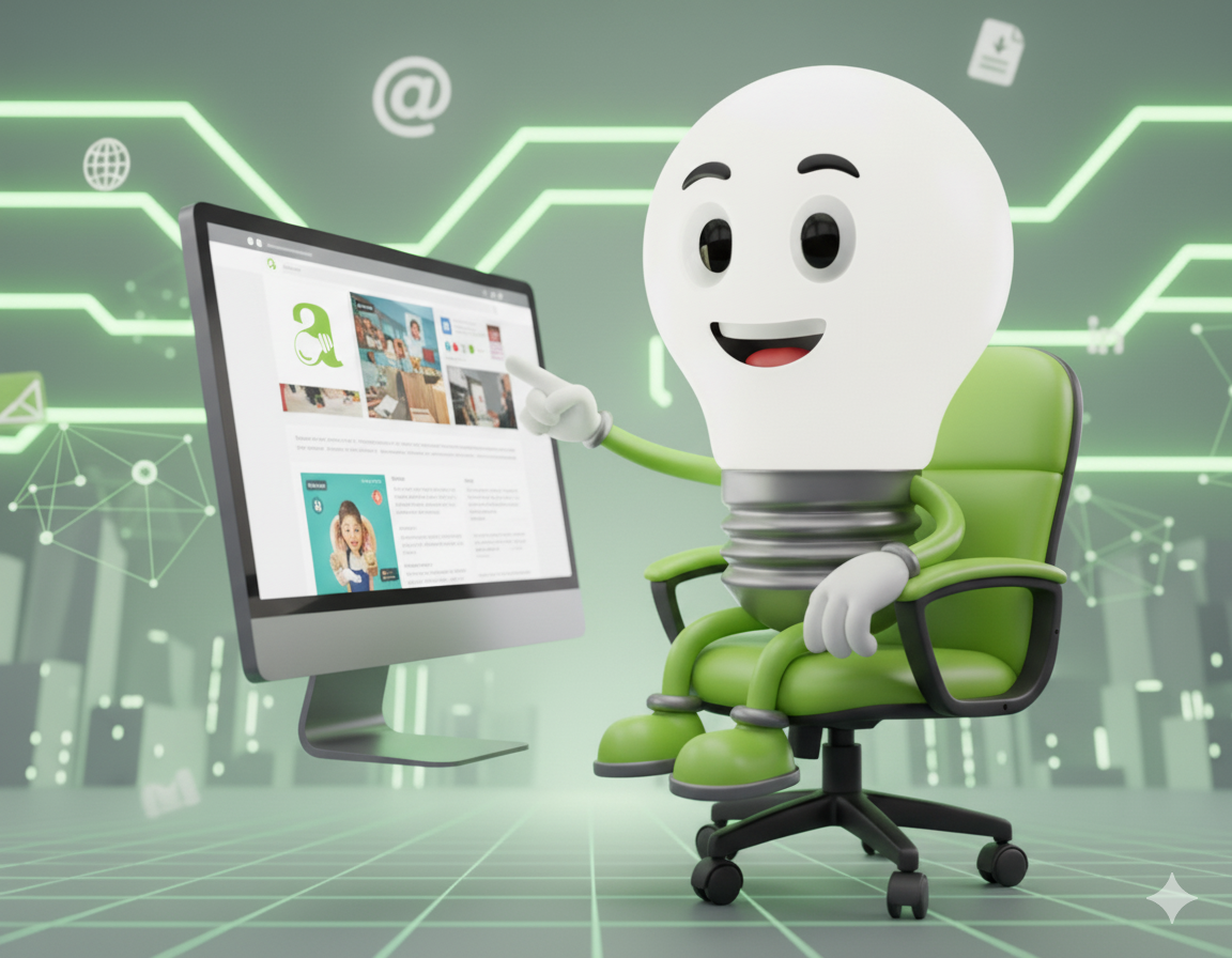 Mascote lâmpada da Albaluz Criações trabalhando em um computador